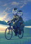  2girls bicycle blonde_hair blue_eyes erica_(naze1940) garrison_cap ground_vehicle hat highres military military_uniform multiple_girls nature original riding rifle_on_back short_hair soldier ss_insignia totenkopf uniform 