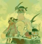  absol bandanna brown_eyes buneary commentary creature fangs fushigi_no_dungeon glitchedpuppet green_eyes highres lying no_humans on_stomach orange_eyes outdoors pokemon pokemon_(creature) pokemon_fushigi_no_dungeon rock sitting standing wartortle 