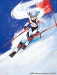  1girl animal_ears blue_eyes bodysuit cat_ears fang gloves goggles helmet highres long_hair looking_at_viewer official_art open_mouth skiing skis snow solo tokiti watermark white_hair wixoss 