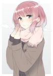  1girl bangs blue_eyes blush breath commentary_request copyright_request enpera eyebrows_visible_through_hair fingernails hands_up long_sleeves looking_at_viewer nekoume pink_hair pink_scarf scarf short_hair solo upper_body 