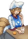  1girl :d animal_ears bangs blonde_hair blush breasts chanta_(ayatakaoisii) commentary_request dress eyebrows_visible_through_hair food fox_ears fox_tail fruit gem glass hand_up hat highres huge_breasts kotatsu long_sleeves mandarin_orange multiple_tails open_mouth pillow_hat short_hair simple_background sitting slit_pupils smile solo sweatdrop tabard table tail touhou white_background white_dress yakumo_ran yellow_eyes 