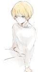  1girl blonde_hair blue_eyes closed_mouth long_sleeves lpip original pants shirt short_hair simple_background sitting sketch solo white_background white_pants white_shirt 