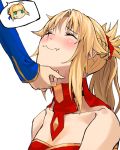  2girls ^_^ ahoge artoria_pendragon_(all) bangs blonde_hair blush chibi_inset chin_tickle closed_eyes collarbone detached_collar fang_out fate/apocrypha fate/grand_order fate_(series) high_ponytail highres long_hair mordred_(fate) mordred_(fate)_(all) multiple_girls out_of_frame parted_bangs red_scrunchie saber simple_background smile speech_bubble sweatdrop upper_body white_background zonotaida 