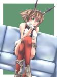  1girl bare_shoulders breasts brown_hair chains couch gloves green_eyes hairband highres kantai_collection kouno_ibuki large_breasts legs_crossed lips midriff miniskirt mutsu_(kantai_collection) radio_antenna red_legwear short_hair sitting skirt solo white_gloves 