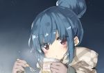  1girl bangs blue_hair breath coat commentary_request eyebrows_visible_through_hair eyes_visible_through_hair gloves hair_bun holding hood hood_down looking_at_viewer night night_sky peko shima_rin sky solo star_(sky) violet_eyes winter_clothes winter_coat yurucamp 