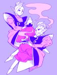  2boys black_eyes boots character_request cup dragon_ball dragon_ball_super earrings egyptian_clothes happy jewelry legs_crossed looking_at_another male_focus mohawk monochrome multiple_boys purple_background saucer simple_background smile steam teacup teapot zamasu 