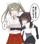  bodysuit brown_hair doron_(zero_paradiselost-0519) grey_hair hair_flaps hair_ribbon hakama_skirt hatsuzuki_(kantai_collection) headband japanese_clothes kantai_collection long_hair multiple_girls neckerchief ribbon short_hair translation_request twintails white_ribbon yellow_eyes zuikaku_(kantai_collection) 