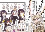  &gt;_&lt; 5girls :3 animal_ears bare_shoulders black-framed_eyewear black_hair blonde_hair blush bow bowtie brown_eyes cat_ears cat_tail commentary_request elbow_gloves emperor_penguin_(kemono_friends) fang glasses gloves hair_over_one_eye headphones highleg highleg_leotard hood hoodie humboldt_penguin_(kemono_friends) jacket kemono_friends leotard long_hair margay_(kemono_friends) margay_print multicolored_hair multiple_girls open_mouth penguins_performance_project_(kemono_friends) red_eyes rockhopper_penguin_(kemono_friends) royal_penguin_(kemono_friends) shirt short_hair skirt sleeveless smile tail tanaka_kusao thigh-highs thumbs_up translation_request white_legwear white_leotard whiteboard 