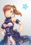  1girl arm_garter back_bow bangs bare_shoulders blue_bow blue_dress blue_gloves bow breasts brown_hair chains character_name closed_mouth collar commentary_request cowboy_shot dress dutch_angle eyebrows_visible_through_hair frilled_collar frilled_dress frilled_gloves frills futami_mami gloves gradient gradient_background grey_background hair_bow hair_ornament hands_on_hips idolmaster idolmaster_(classic) idolmaster_million_live! idolmaster_million_live!_theater_days jewelry lace lace_gloves layered_dress leaf_hair_ornament looking_at_viewer neck_bow necklace one_eye_closed poroze short_hair side_ponytail sleeveless sleeveless_dress small_breasts smile smug solo standing star swept_bangs white_bow 