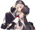  1girl bangs blush boots cloak epaulettes eyebrows_visible_through_hair fur_trim girls_frontline hand_up hat high_heel_boots high_heels highres iron_cross kar98k_(girls_frontline) knees_up long_hair looking_at_viewer military military_hat military_uniform parted_lips peaked_cap red_eyes sidelocks silver_hair simple_background sitting solo thigh-highs thigh_boots tuxedo_de_cat uniform very_long_hair white_background 
