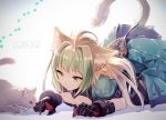  1girl all_fours animal_ears atalanta_(fate) blonde_hair breasts cat cat_ears cat_tail cleavage fate/apocrypha fate/grand_order fate_(series) green_eyes green_hair miyuki_ruria multicolored_hair paw_print small_breasts solo tail white_background 