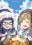  2girls :d artist_name blonde_hair blue_hair closed_eyes coat cooking day fang food fried_egg glasses highres inuyama_aoi knit_hat kooroiwwa long_hair looking_down multiple_girls oogaki_chiaki open_mouth outdoors pot rice sausage scarf short_hair shrimp smile sparkle spoon steam winter_clothes winter_coat yurucamp 