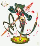  1girl black_bodysuit black_footwear blush bodysuit earrings facial_mark flower flower-shaped_pupils full_body green_hair green_ribbon grey_background hair_over_one_eye highres holding holding_spear holding_weapon jewelry long_hair long_sleeves low-tied_long_hair low_twintails open_mouth original petals polearm red_eyes red_flower ribbon see-through shoes sleeves_past_wrists solo spear standing standing_on_one_leg twintails two_side_up upper_teeth very_long_hair weapon yai_(hachihito) 