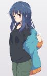  1girl blue_hair collarbone jacket long_hair looking_at_viewer mel_(melty_pot) pants shima_rin shirt simple_background solo undressing violet_eyes yurucamp 