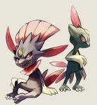  claws closed_mouth commentary eyelashes full_body fushigi_no_dungeon grey_background no_humans open_mouth pokemon pokemon_(creature) pokemon_fushigi_no_dungeon red_eyes simple_background sitting sneasel standing weavile 
