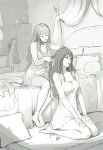  2girls bed camisole closed_eyes drawing eirika fire_emblem fire_emblem:_seima_no_kouseki hair_down long_hair monochrome multiple_girls ochrejelly pegasus_knight sketch smile tana underwear 