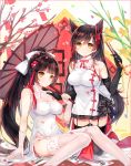  2girls alternate_costume animal_ears atago_(azur_lane) azur_lane bangs black_gloves black_legwear blunt_bangs brown_hair china_dress chinese_clothes closed_fan closed_mouth clouds covered_navel dress elbow_gloves eyebrows_visible_through_hair fan feet_out_of_frame fingerless_gloves flower folding_fan garter_straps gloves hair_ribbon hand_on_another&#039;s_shoulder high_ponytail holding holding_fan holding_umbrella kneeling knees_together_feet_apart long_hair looking_at_viewer mole mole_under_eye multiple_girls panties panty_peek petals pf red_ribbon ribbon side_slit sitting sleeveless sleeveless_dress smile takao_(azur_lane) tareme thigh-highs tree_branch umbrella underwear very_long_hair white_dress white_gloves white_panties yellow_eyes yellow_flower 