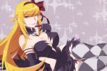  akemi_homura akuma_homura akuma_homura_(cosplay) bare_shoulders blonde_hair cosplay detached_collar detached_sleeves dress elbow_gloves gloves hair_ribbon hanako-0001 kiss-shot_acerola-orion_heart-under-blade long_hair mahou_shoujo_madoka_magica mahou_shoujo_madoka_magica_movie monogatari_(series) older pointy_ears ribbon sitting strapless strapless_dress thigh-highs tied_hair vampire very_long_hair yellow_eyes 