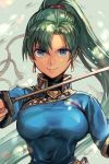  1girl bangs blue_eyes breasts closed_mouth earrings fire_emblem green_hair hair_between_eyes hankuri holding jewelry long_hair looking_at_viewer lyndis_(fire_emblem) simple_background solo sword v-shaped_eyebrows weapon 