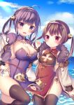  2girls absurdres ahoge anchor_hair_ornament azur_lane bangs black_legwear black_panties blue_sky breasts brown_eyes brown_hair china_dress chinese_clothes cleavage cleavage_cutout clouds commentary_request day dress eyebrows_visible_through_hair fur-trimmed_jacket fur_trim hair_ornament hair_rings hairband hairpods hand_up highres jacket large_breasts long_hair long_sleeves multiple_girls ning_hai_(azur_lane) ocean outdoors panties ping_hai_(azur_lane) purple_dress red_dress side-tie_panties sky standing standing_on_one_leg thigh-highs tsuruse twintails underwear violet_eyes water white_hairband white_jacket white_panties 