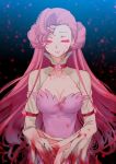  1girl blood blood_splatter bloody_clothes breasts cleavage closed_mouth code_geass creayus double_bun dress euphemia_li_britannia facing_viewer flower glowing glowing_eyes half-closed_eyes large_breasts lips long_hair long_sleeves pink_eyes pink_flower pink_hair pink_lips pink_rose purple_dress rose smile solo sparks spoilers standing white_flower 