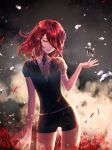  androgynous crying crying_with_eyes_open flower gem_uniform_(houseki_no_kuni) hair hair_over_one_eye highres houseki_no_kuni looking_at_viewer mercury necktie red_eyes shinsha_(houseki_no_kuni) short_hair shorts solo spider_lily tears 