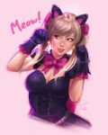  1girl alternate_costume animal_ears artist_name black_cat_d.va black_dress black_gloves blonde_hair bow bowtie breasts brown_eyes cat_ears cleavage corset d.va_(overwatch) dress earrings facing_viewer gloves heart heart_earrings jewelry licking_lips lolita_fashion looking_to_the_side medium_breasts nose overwatch parted_lips paw_pose pink_background pink_bow pink_lips puffy_short_sleeves puffy_sleeves short_sleeves side_glance signature simple_background sketch solo tongue tongue_out twintails umigraphics upper_body upper_teeth 