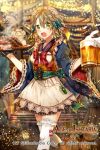  1girl age_of_ishtaria alcohol apron beer beer_mug boots bow brown_hair company_name copyright_name food green_eyes maid maid_apron maid_headdress naru_(andante) official_art open_mouth shuma_(age_of_ishtaria) solo sparkle teeth 