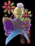  1boy arms_behind_back black_background black_eyes character_request colorful daisy dragon_ball dragon_ball_super earrings egyptian_clothes floral_background flower jewelry long_sleeves looking_at_viewer male_focus mohawk shaded_face simple_background smile white_hair 
