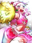  1girl :o angry cowboy_shot cure_yell earrings gradient gradient_background grey_background hair_ornament heart heart_hair_ornament hugtto!_precure jewelry kagami_chihiro layered_skirt long_hair looking_at_viewer magical_girl navel nono_hana open_mouth pink_eyes pink_hair pink_shirt pink_skirt pom_poms precure shirt skirt sleeveless sleeveless_shirt solo thigh-highs white_background white_legwear zettai_ryouiki 