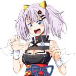  1girl :d bangs bare_shoulders black_dress blue_eyes blush breasts claw_pose cleavage commentary_request dress eyebrows_visible_through_hair fingernails hair_ornament hairclip headgear kaguya_luna kaguya_luna_(character) large_breasts looking_at_viewer obi open_mouth ponkotsu purple_hair sash short_dress short_hair simple_background smile solo twintails upper_body white_background wristband 