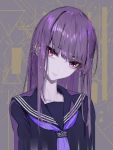  1girl bangs closed_mouth eyebrows_visible_through_hair head_tilt highres long_hair looking_at_viewer mins_(minevi) neckerchief original pink_eyes purple_hair purple_neckwear purple_sailor_collar purple_shirt purple_skin sailor_collar school_uniform serafuku shirt solo upper_body 