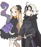  2girls abigail_williams_(fate/grand_order) ahoge armor armored_dress bangs black_bow black_dress black_hat blonde_hair bloomers blue_eyes blush bow breasts brown_eyes butterfly closed_mouth dress eyebrows_visible_through_hair fate/apocrypha fate/grand_order fate_(series) forehead hair_between_eyes hair_bow hat headpiece heart_(organ) holding holding_sword holding_weapon jeanne_d&#039;arc_(alter)_(fate) jeanne_d&#039;arc_(fate)_(all) long_hair long_sleeves medium_breasts michihasu multiple_girls orange_bow parted_bangs polka_dot polka_dot_bow sheath short_hair silver_hair simple_background skirt_basket sleeves_past_fingers sleeves_past_wrists smile suction_cups sword tentacle underwear unsheathed v-shaped_eyebrows very_long_hair weapon white_background white_bloomers 