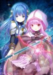  2girls bangs black_gloves blue_eyes blue_hair blunt_bangs blush cloak commentary_request dress gloves hood hood_up hooded_cloak long_hair looking_at_viewer magia_record:_mahou_shoujo_madoka_magica_gaiden magical_girl mahou_shoujo_madoka_magica multiple_girls nanami_yachiyo pink_eyes pink_hair tamaki_iroha yatsu_seisakusho 