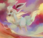  :d clouds dutch_angle eevee glitchedpuppet green_eyes hair_ribbon jumping no_humans not_shiny_pokemon open_mouth pokemon pokemon_(creature) pokemon_(game) pokemon_rgby ribbon sky smile solo teeth 