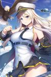  1girl aircraft airplane animal azur_lane bald_eagle bangs bare_shoulders bird black_neckwear black_skirt blonde_hair blue_eyes blue_sky breasts closed_mouth clouds coat collared_shirt commentary_request eagle enterprise_(azur_lane) eyebrows_visible_through_hair guardian-panda hat highres jpeg_artifacts large_breasts long_hair looking_at_viewer miniskirt necktie off_shoulder open_clothes open_coat panties peaked_cap pleated_skirt shirt skirt skirt_lift sky sleeveless sleeveless_shirt smile solo standing underwear water white_panties wind wind_lift 