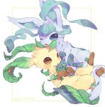  :d blue_eyes blush brown_eyes commentary_request fang glaceon hideko_(l33l3b) highres hug leaf leafeon one_eye_closed open_mouth parted_lips pokemon pokemon_(creature) simple_background smile twitter_username white_background 