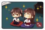  2girls :d akagi_(kantai_collection) artist_name black_legwear blue_hakama brown_eyes brown_hair closed_eyes eating food hair_between_eyes hakama hakama_skirt holding holding_food japanese_clothes kaga_(kantai_collection) kantai_collection long_hair multiple_girls onigiri open_mouth red_hakama short_hair side_ponytail smile taisa_(kari) tasuki thigh-highs white_legwear 