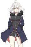  1girl ahoge bangs black_dress blue_coat blush closed_mouth coat collarbone dress eyebrows_visible_through_hair fate/apocrypha fate/grand_order fate_(series) fur-trimmed_coat fur-trimmed_sleeves fur_trim hair_between_eyes hands_in_pockets jeanne_d&#039;arc_(alter)_(fate) jeanne_d&#039;arc_(fate)_(all) jewelry looking_at_viewer michihasu open_clothes open_coat pendant short_dress silver_hair simple_background smile solo white_background wicked_dragon_witch_ver._shinjuku_1999 yellow_eyes 