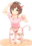  1girl alternate_costume animal_ears arms_up bangs barefoot blouse blunt_bangs blush bob_cut brown_hair buttons casual cat_ears cat_tail eyebrows_visible_through_hair fake_animal_ears fake_tail floor floral_print full_body green_eyes hairband highres idolmaster idolmaster_cinderella_girls idolmaster_cinderella_girls_starlight_stage jewelry long_skirt maekawa_miku naru12 necklace paw_pose pink_blouse rose_print shadow short_hair skirt smile solo spaghetti_strap squatting tail white_background white_skirt 