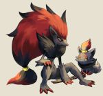  claws commentary creature facial_mark flute full_body fushigi_no_dungeon glitchedpuppet grey_background highres instrument no_humans pokemon pokemon_(creature) pokemon_fushigi_no_dungeon redhead simple_background sitting tied_hair yellow_eyes zoroark zorua 