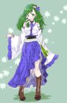  1 asymmetry. belt blush boots detached_sleeves eringi falling_leaves frills, frog girl green_eyes green_hair hair_accessories kochiya_sanae lace leaves long_hair looking_at_viewer miko smile snake solo touhou undershirt 