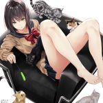  barefoot black_hair cat cat_day feet green_eyes legs nabeshima_tetsuhiro original ribbon short_hair skirt toes uniform 