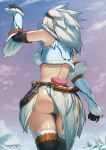  1girl arm_up ass back backboob bare_shoulders boots breasts clouds crop_top dagger elbow_gloves from_behind fur_trim gloves heart horn_ornament iltusa kirin_(armor) medium_breasts midriff monster_hunter monster_hunter:_world outdoors panties panty_peek partially_submerged pelvic_curtain skirt sky sleeveless solo standing thigh-highs thigh_boots underwear vambraces water weapon wet white_hair 