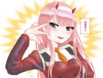  green_eyes long_hair pink_hair smile zero_two_(darling_in_the_franxx) 