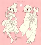  1girl :d bangs bare_shoulders boots cross-laced_footwear dress elbow_gloves eyebrows_visible_through_hair fish_bone food fruit gloves heart holding holding_microphone hoozuki_no_reitetsu horns japanese_clothes kimono knee_boots lace-up_boots long_sleeves microphone microphone_stand monochrome multiple_views obi open_mouth peach peach_maki pink_background polka_dot polka_dot_background sash sepia short_hair skeleton smile standing standing_on_one_leg strapless strapless_dress v wide_sleeves yuu_(chucooooo) zouri 