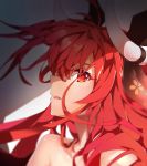  1girl absurdres bare_shoulders commentary_request date_a_live from_side hair_ribbon highres horns itsuka_kotori long_hair open_mouth portrait red_eyes redhead ribbon solo zipplin 