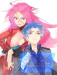 1boy 1girl aoten_(aoiroarekore) arm_on_shoulder blue_eyes blue_hair breasts cleavage coat fate/extra fate_(series) francis_drake_(fate) holographic_monitor long_hair matou_shinji pink_hair pirate red_coat scar simple_background white_background 