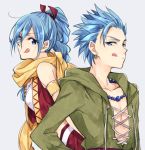  1boy 1girl :q armband blue_eyes blue_hair braid brother_and_sister camus_(dq11) dragon_quest dragon_quest_xi earrings hair_ribbon high_braid jewelry long_hair lowres maya_(dq11) naho_(pi988y) necklace red_vest ribbon scarf siblings single_braid tongue tongue_out vest 