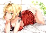  1girl ahoge ass blonde_hair blush bow bowtie breasts cleavage dress fate/extra fate/grand_order fate_(series) green_eyes hair_bow hair_intakes looking_at_viewer lying nero_claudius_(fate) nero_claudius_(fate)_(all) on_bed on_stomach panties ponika smile underwear 